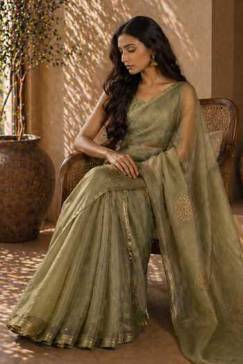 Jhambthreads Green Chanderi, Silk Organza Saree With Unstitched Blouse Fabric Online at Aza Fashions Jhambthreads_Green Chanderi, Silk Organza Saree With Unstitched Blouse Fabric _Online_at_Aza_Fashions