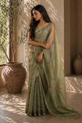 Jhambthreads Green Saree With Unstitched Blouse Fabric 