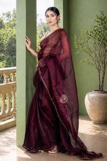 Jhambthreads Wine Saree & Unstitched Blouse Fabric Set 