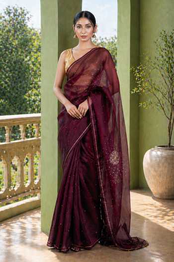 Jhambthreads Wine Saree & Unstitched Blouse Fabric Set 