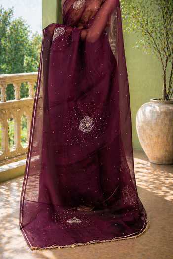 Jhambthreads Wine Silk Organza, Chanderi, Jacquard Saree And Unstitched Blouse Fabric Set Online at Aza Fashions Jhambthreads_Wine Silk Organza, Chanderi, Jacquard Saree And Unstitched Blouse Fabric Set _Online_at_Aza_Fashions