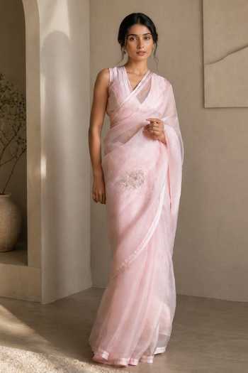 Jhambthreads Pink Saree & Unstitched Blouse Fabric Set 