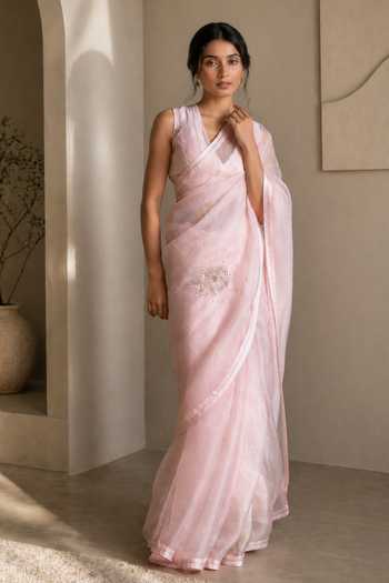 Jhambthreads Pink Saree & Unstitched Blouse Fabric Set 