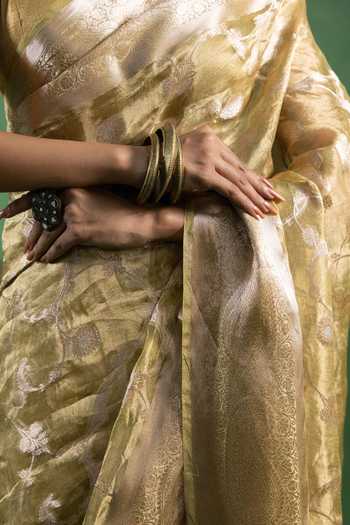 Jhambthreads Green Silk, Tissue Banarasi Woven Saree With Unstitched Blouse Online at Aza Fashions Jhambthreads_Green Silk, Tissue Banarasi Woven Saree With Unstitched Blouse _Online_at_Aza_Fashions