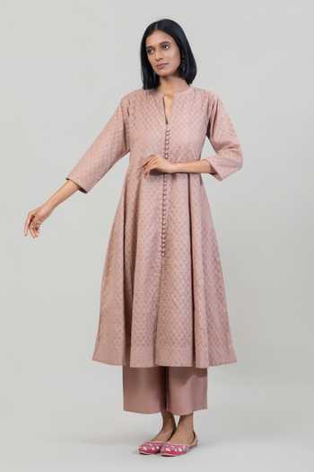 Tuli_Purple Chanderi, Jacquard, Silk, Cotton, Kota Doria Split Naaz Anarkali Set _Online_at_Aza_Fashions