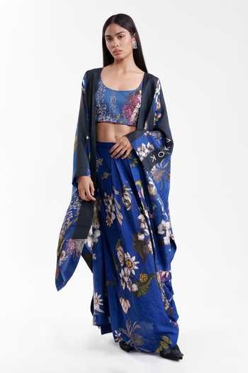 Buy_AK-OK_Blue Silk, Cotton Scoop Neck Floral Print Cape With Lungi Skirt Set _Online_at_Aza_Fashions