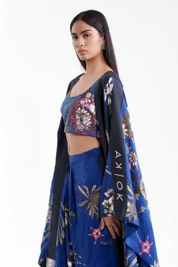 AK-OK_Blue Silk, Cotton Scoop Neck Floral Print Cape With Lungi Skirt Set _at_Aza_Fashions