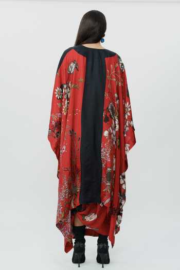 Shop AK-OK Red Silk, Cotton Scoop Neck Floral Pattern Cape With And Lungi Skirt Set at Aza Fashions Shop_AK-OK_Red Silk, Cotton Scoop Neck Floral Pattern Cape With And Lungi Skirt Set _at_Aza_Fashions