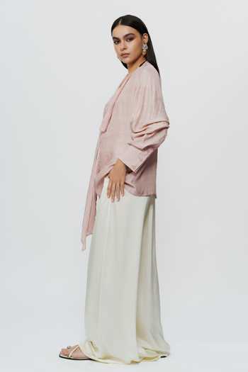 AK-OK_Pink Silk V-neck Old Rose Draped Shirt _Online_at_Aza_Fashions
