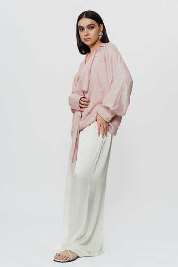 Buy_AK-OK_Pink Silk V-neck Old Rose Draped Shirt _Online_at_Aza_Fashions