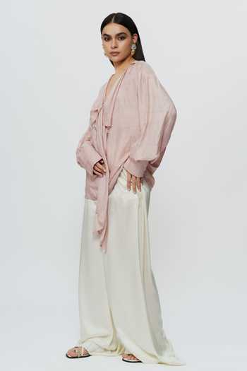 Shop_AK-OK_Pink Silk V-neck Old Rose Draped Shirt _Online_at_Aza_Fashions