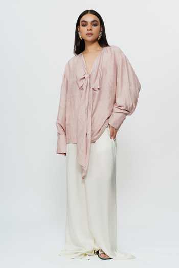 AK-OK_Pink Silk V-neck Old Rose Draped Shirt _at_Aza_Fashions