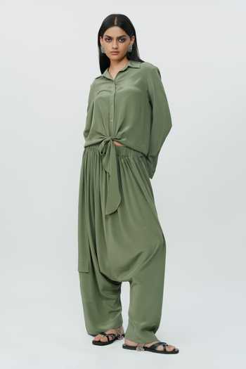 AK-OK_Olive Green Silk Collared Neck Knotted Shirt With Low Crotch Pant _Online_at_Aza_Fashions