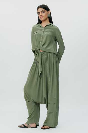 Buy_AK-OK_Olive Green Silk Collared Neck Knotted Shirt With Low Crotch Pant _Online_at_Aza_Fashions