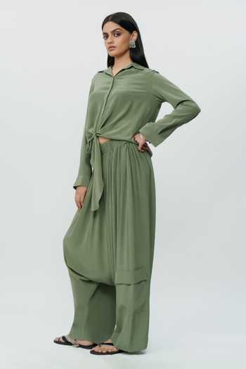 Shop_AK-OK_Olive Green Silk Collared Neck Knotted Shirt With Low Crotch Pant _Online_at_Aza_Fashions