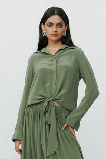 AK-OK_Olive Green Silk Collared Neck Knotted Shirt With Low Crotch Pant _at_Aza_Fashions