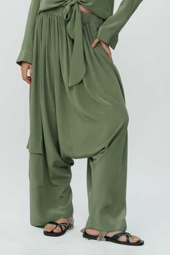 Buy_AK-OK_Olive Green Silk Collared Neck Knotted Shirt With Low Crotch Pant 