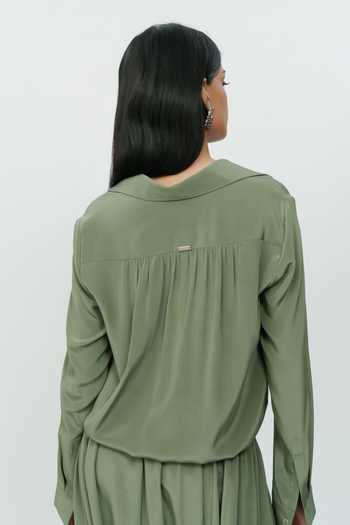 Shop_AK-OK_Olive Green Silk Collared Neck Knotted Shirt With Low Crotch Pant 