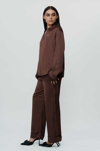 Buy AK-OK Brown Silk Collared Neck Shirt And Trouser Co-ord Set Online at Aza Fashions Buy_AK-OK_Brown Silk Collared Neck Shirt And Trouser Co-ord Set _Online_at_Aza_Fashions