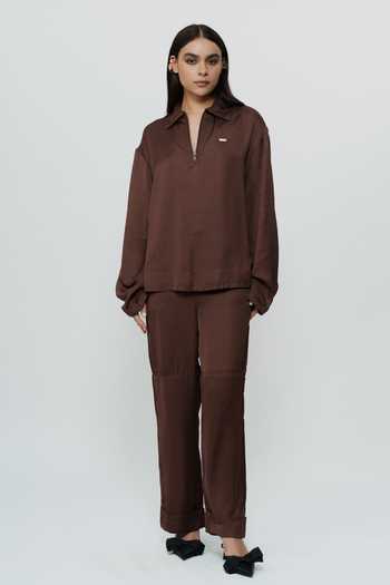 AK-OK Brown Silk Collared Neck Shirt And Trouser Co-ord Set at Aza Fashions AK-OK_Brown Silk Collared Neck Shirt And Trouser Co-ord Set _at_Aza_Fashions