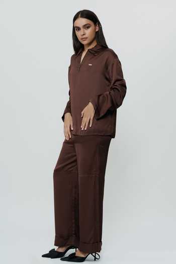 Buy AK-OK Brown Silk Collared Neck Shirt And Trouser Co-ord Set Buy_AK-OK_Brown Silk Collared Neck Shirt And Trouser Co-ord Set