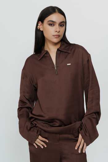 Shop AK-OK Brown Silk Collared Neck Shirt And Trouser Co-ord Set Shop_AK-OK_Brown Silk Collared Neck Shirt And Trouser Co-ord Set