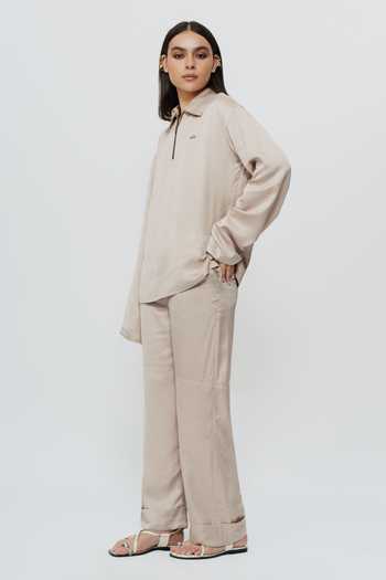 AK-OK_Beige Silk Collared Neck Khaki Shirt And Trouser Co-ord Set _Online_at_Aza_Fashions