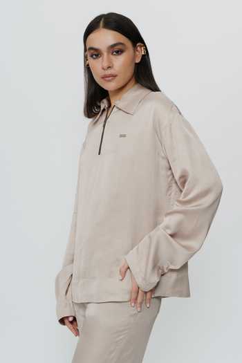 Buy_AK-OK_Beige Silk Collared Neck Khaki Shirt And Trouser Co-ord Set _Online_at_Aza_Fashions