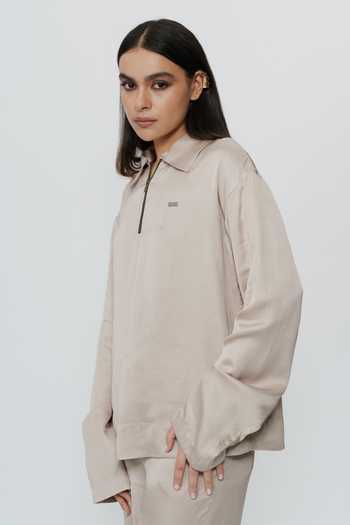 Shop_AK-OK_Beige Silk Collared Neck Khaki Shirt And Trouser Co-ord Set _Online_at_Aza_Fashions
