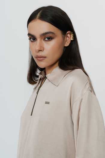 AK-OK_Beige Silk Collared Neck Khaki Shirt And Trouser Co-ord Set _at_Aza_Fashions