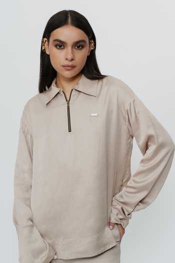 Buy_AK-OK_Beige Silk Collared Neck Khaki Shirt And Trouser Co-ord Set 