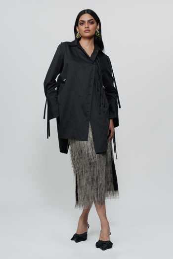 AK-OK Black Cotton Collared Neck String Detailed Long Shirt Online at Aza Fashions AK-OK_Black Cotton Collared Neck String Detailed Long Shirt _Online_at_Aza_Fashions