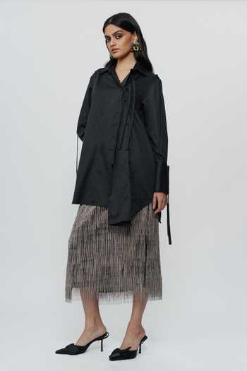 Buy AK-OK Black Cotton Collared Neck String Detailed Long Shirt Online at Aza Fashions Buy_AK-OK_Black Cotton Collared Neck String Detailed Long Shirt _Online_at_Aza_Fashions