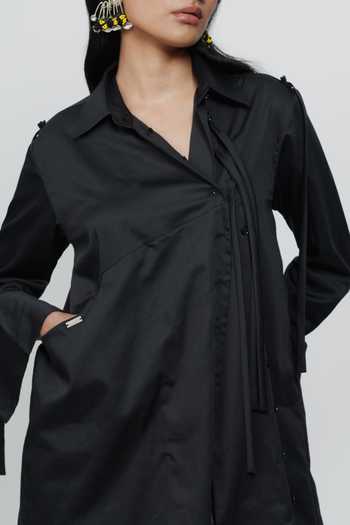 Shop AK-OK Black Cotton Collared Neck String Detailed Long Shirt Online at Aza Fashions Shop_AK-OK_Black Cotton Collared Neck String Detailed Long Shirt _Online_at_Aza_Fashions