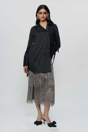 AK-OK Black Cotton Collared Neck String Detailed Long Shirt at Aza Fashions AK-OK_Black Cotton Collared Neck String Detailed Long Shirt _at_Aza_Fashions