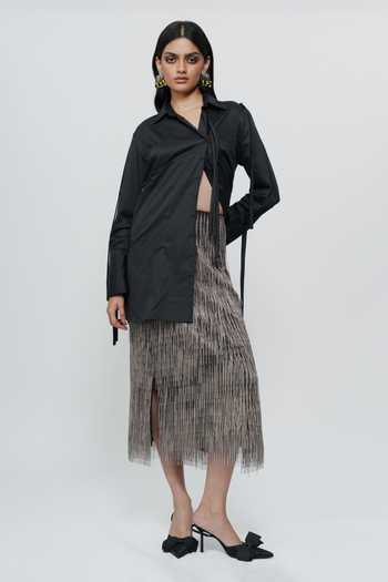 Shop AK-OK Black Cotton Collared Neck String Detailed Long Shirt Shop_AK-OK_Black Cotton Collared Neck String Detailed Long Shirt