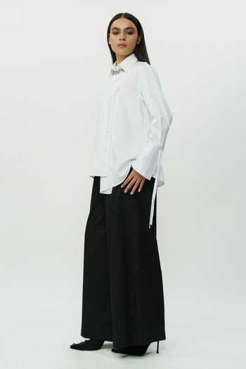 AK-OK_White Cotton Collared Neck String Detailed Shirt And Trouser Set _Online_at_Aza_Fashions
