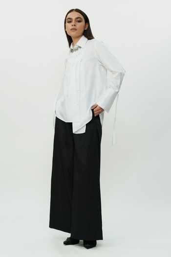 Shop_AK-OK_White Cotton Collared Neck String Detailed Shirt And Trouser Set _Online_at_Aza_Fashions