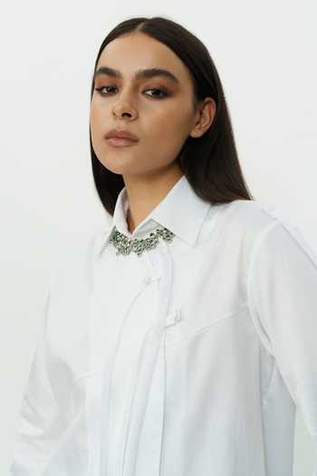 AK-OK_White Cotton Collared Neck String Detailed Shirt And Trouser Set _at_Aza_Fashions