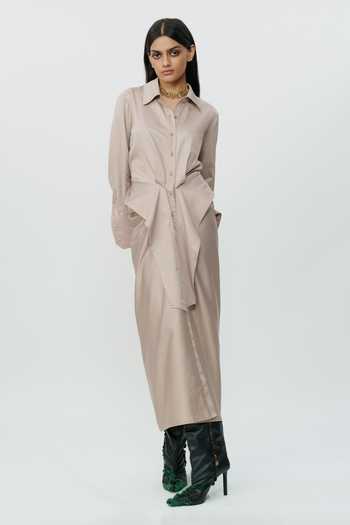 Shop_AK-OK_Beige Cotton Collared Neck Khaki Shirt Dress _Online_at_Aza_Fashions