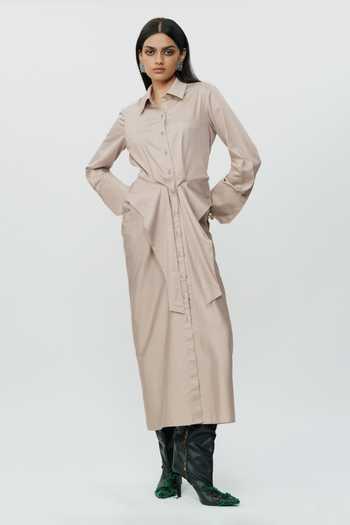 AK-OK_Beige Cotton Collared Neck Khaki Shirt Dress _at_Aza_Fashions