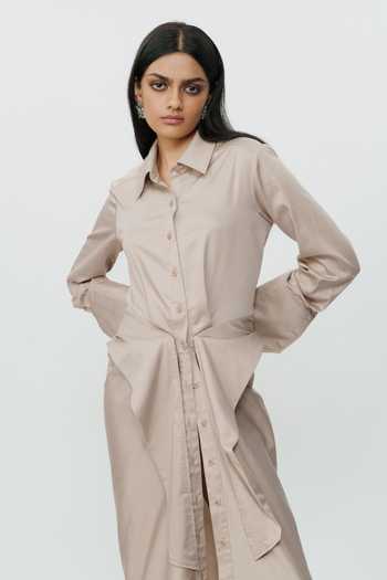 Shop_AK-OK_Beige Cotton Collared Neck Khaki Shirt Dress 