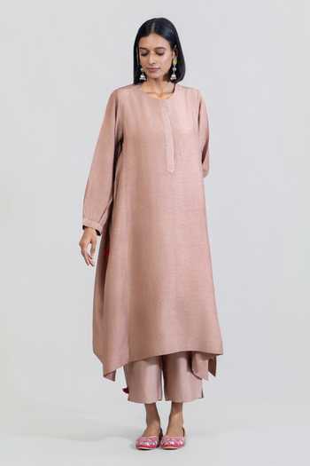 Tuli Beige Silk, Cotton Round Neck, Yes Zoya Straight Dola Kurta And Pant Set Online at Aza Fashions Tuli_Beige Silk, Cotton Round Neck, Yes Zoya Straight Dola Kurta And Pant Set _Online_at_Aza_Fashions