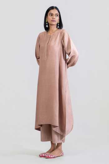 Buy Tuli Beige Silk, Cotton Round Neck, Yes Zoya Straight Dola Kurta And Pant Set Online at Aza Fashions Buy_Tuli_Beige Silk, Cotton Round Neck, Yes Zoya Straight Dola Kurta And Pant Set _Online_at_Aza_Fashions
