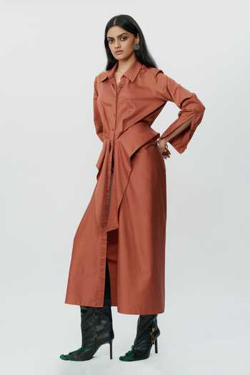 Buy_AK-OK_Orange Cotton Collared , Button-down Burnt Shirt Dress _Online_at_Aza_Fashions