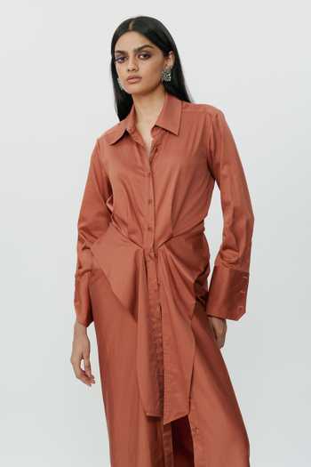 Shop_AK-OK_Orange Cotton Collared , Button-down Burnt Shirt Dress _Online_at_Aza_Fashions