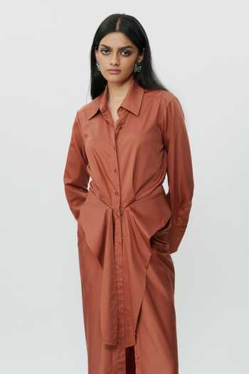 AK-OK_Orange Cotton Collared , Button-down Burnt Shirt Dress _at_Aza_Fashions