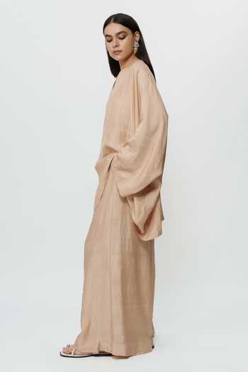 AK-OK Beige Silk Round Neck Kaftan And Broad Pant Set Online at Aza Fashions AK-OK_Beige Silk Round Neck Kaftan And Broad Pant Set _Online_at_Aza_Fashions