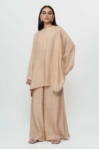 Buy AK-OK Beige Silk Round Neck Kaftan And Broad Pant Set Online at Aza Fashions Buy_AK-OK_Beige Silk Round Neck Kaftan And Broad Pant Set _Online_at_Aza_Fashions