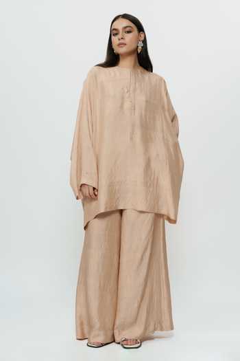 Shop AK-OK Beige Silk Round Neck Kaftan And Broad Pant Set Online at Aza Fashions Shop_AK-OK_Beige Silk Round Neck Kaftan And Broad Pant Set _Online_at_Aza_Fashions